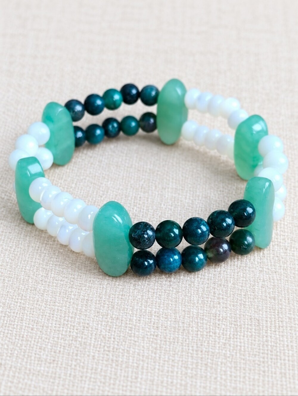 Green Aventurine, Indian Agate & Angelite Beaded Soft Bangle Bracelet